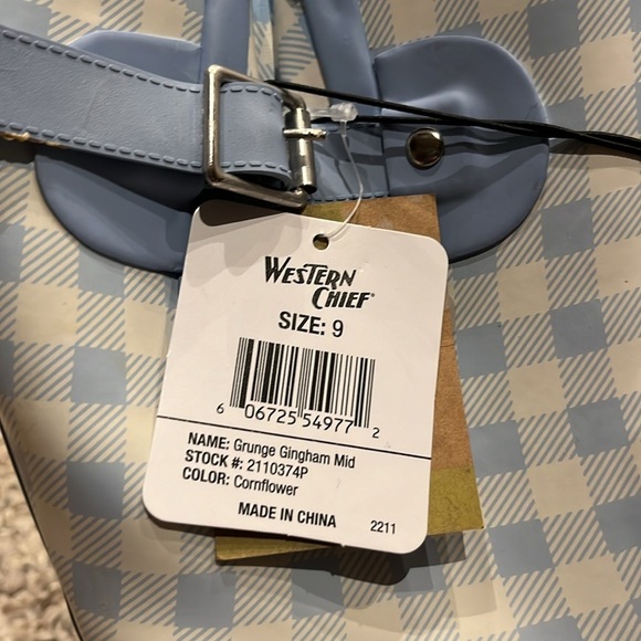 Western Chief Grunge Gingham Mid Rain boots Cornflower Blue White Checkered Sz 9 - Picture 2 of 7